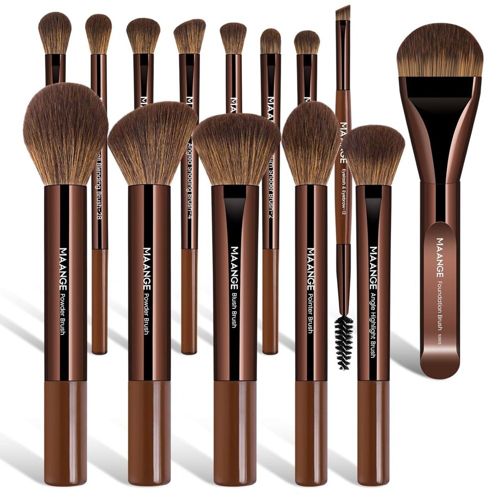 Maange 14pcs Coffee Premium Synthetic Makeup Brushes Set With Aluminum Ferrule